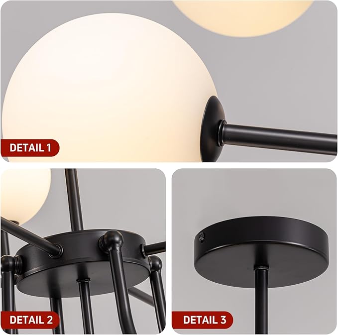 Black Chandeliers 9 Lights Modern Globe Pendant Light Hanging Ceiling Light,Mid Century Bubble Chandelier White Glass Globe Pendant Lighting for Kitchen Island,Dining Room,Bedroom,Living Room.