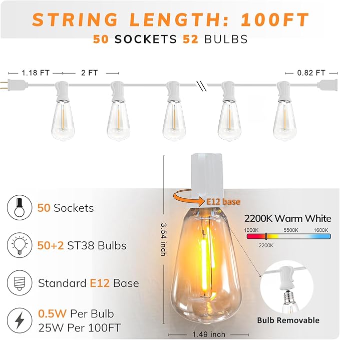 Achin Outdoor String Lights White 100Ft LED Patio Lights Outdoor Waterproof with 50+2 Shatterproof ST38 Bulbs 2200K Dimmable String Lights for Outside Backyard Party Wedding, White Cord