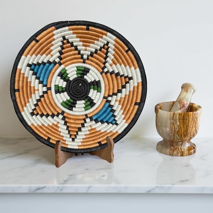 Handwoven African Basket Handmade sisal Fruit Bowl Wall Hanging decorative Baskets for Home Living Room Kitchen Centerpiece Zen Designs Arts and Crafts (Rust Orange Blue Black, 8in diameter)