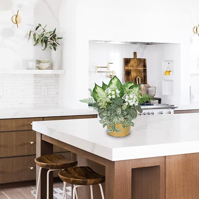 Fake Plants 11.8" Artificial Potted Plant Assorted Faux Plants in Gold Pot Silk Plants Artificial Plants Indoor for Home Living Room Bedroom Bathroom Office Table Centerpieces Shelf Greenery Decor