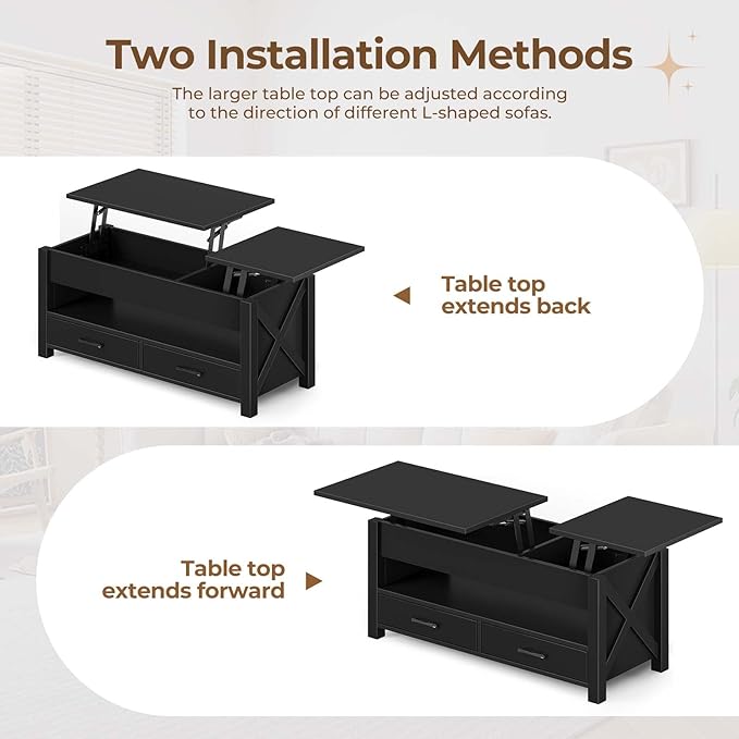 Seventable Coffee Table, 47.2" Lift Top Coffee Table with 2 Storage Drawers and Hidden Compartment, X Wood Farmhouse Support, Retro Center Table with Lift Tabletop for Living Room,Black