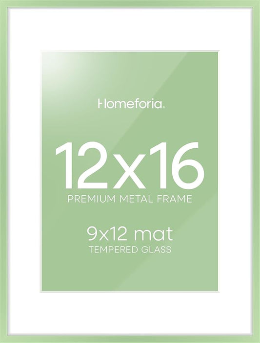 Homeforia 12x16 Sage Green Picture Frame, High End Metal 12x16 Poster Frames with Mat 9x12 Photo, 12 x 16 Sage Green Frame Matted to 9 by 12 Art, 16x12 Thin Frames, Tempered Glass, Wall Kit, Set of 1
