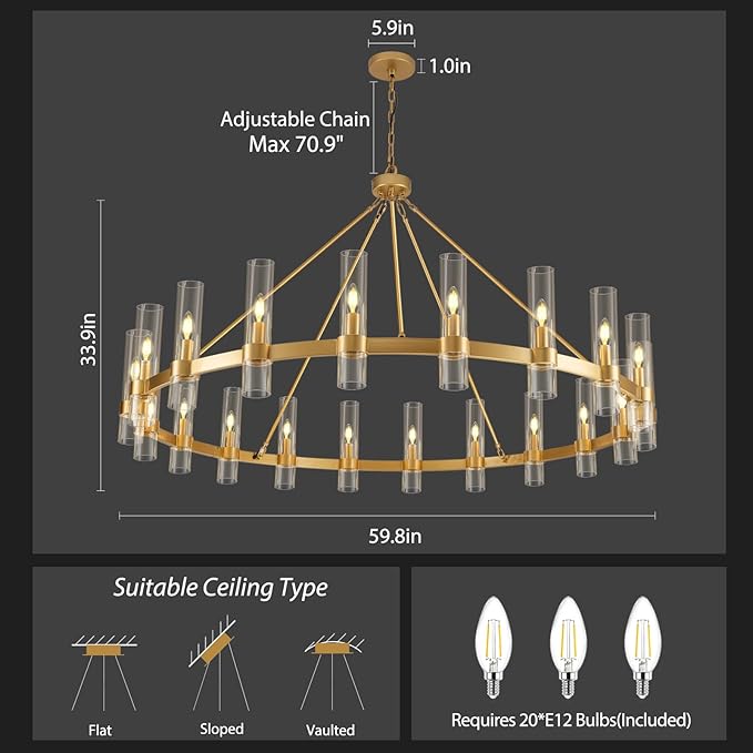 Gold Wagon Wheel Chandelier, 60 Inch Glass Chandeliers, 20 Light Chandelier for High Ceiling, Modern Farmhouse Chandeliers for Living Room, Dining Room, Entryway, Stairwell(Bulbs Included)