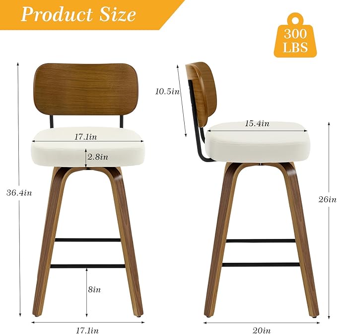 Swivel Counter Height Bar Stools Set of 4, Mid-Century Modern Upholstered Faux Leather Barstools with Wood Back, 26" Seat Height Bar Stools for Kitchen Island, Cream Seat and Walnut Frame