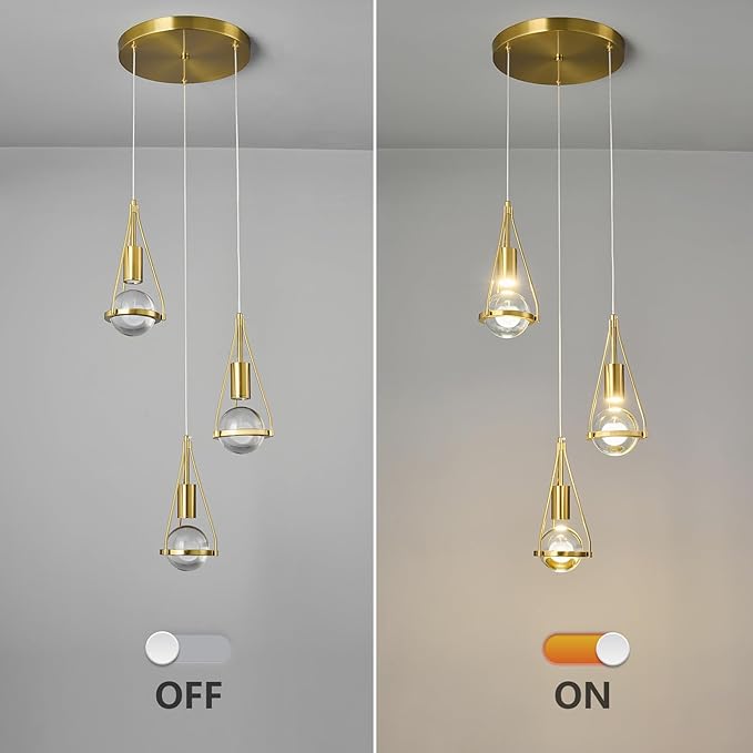 Gold Dandelion Pendant Light in Brushed Brass Finish, 3-Light Modern Crystal Kitchen Island Pendant Lighting Dimmable LED Hanging Ceiling Light Fixture for Bathroom Bedroom