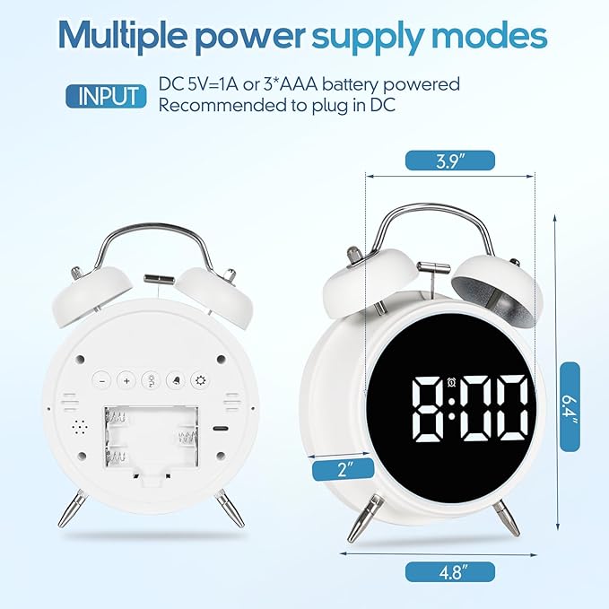 Loud Alarm Clock for Heavy Sleepers Adults, Teens,Kids,Retro Metal Twin Bell 4 Inch,Large Big Numbers Display with Backlight, Small Bedside Digital Clock for Bedrooms (Silvery)