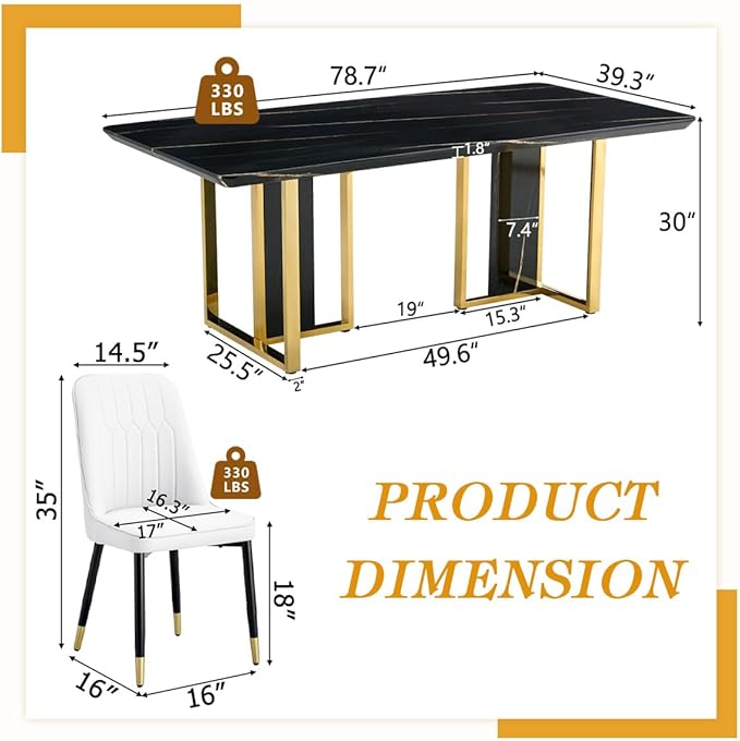 TesNus 79" Black Dining Table Set for 8 with Chairs,Large Faux Marble Kitchen Table and Chairs Set Rectangular 9 Piece Dining Room Set with Gold Metal Legs,Easy Assemble,Stable Base