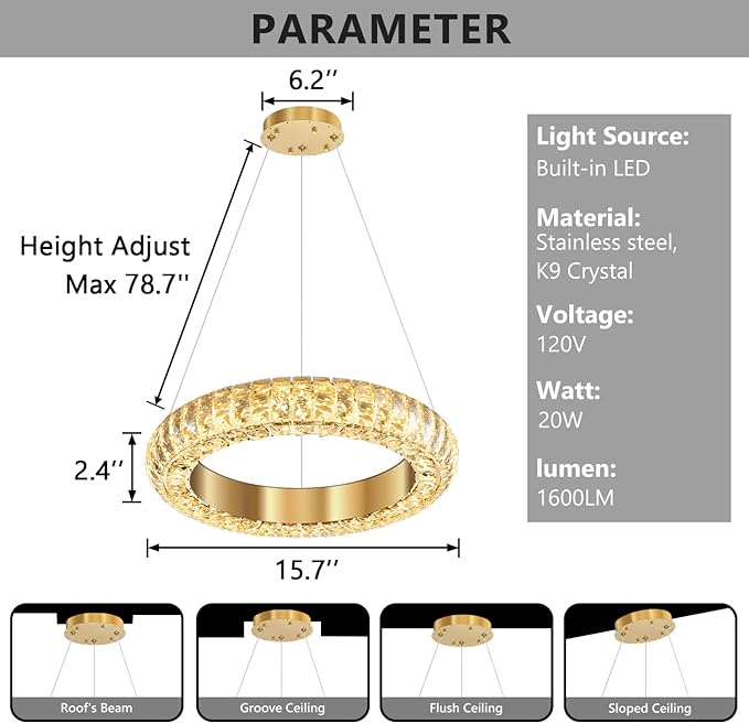 16" Ring Modern LED Dimmable Crystal Chandelier Adjustable Height Pendant Light Round Crystal Chandelier Light Fixtures for Dining Room Living Room Kitchen Island Gold