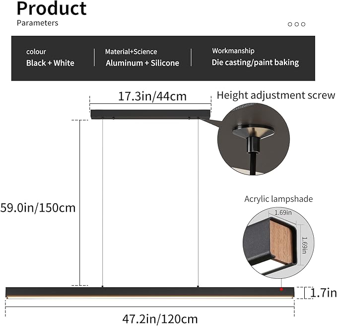 47" LED Linear Pendant Light Fixtures, 25W Dimmable Pool Table Light with Remote, Modern Island Lights for Kitchen Dining Room Living Room Office Bar, 3000k-6000k, Black