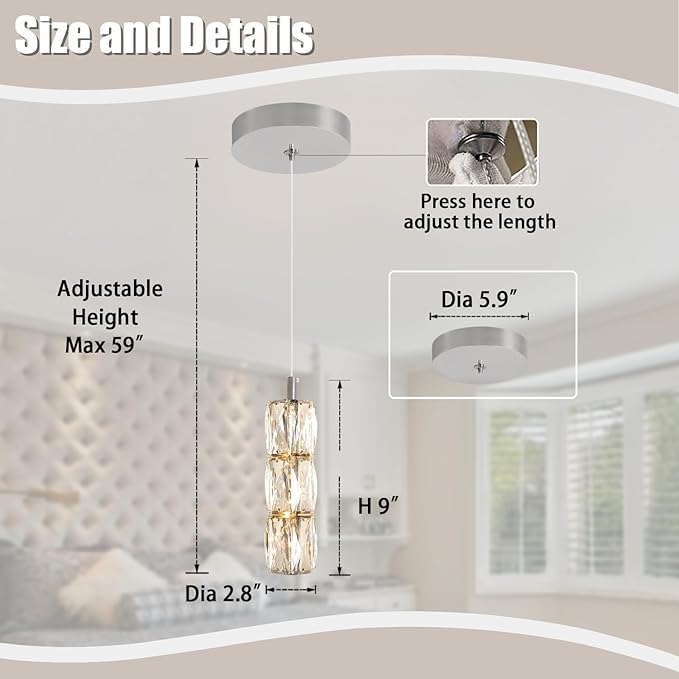 Pendant Lights Kitchen Island Single Head Chrome Crystal Island Lights Dining Foyer Entrance Modern Chandeliers LED Dimmable 2700-6000K