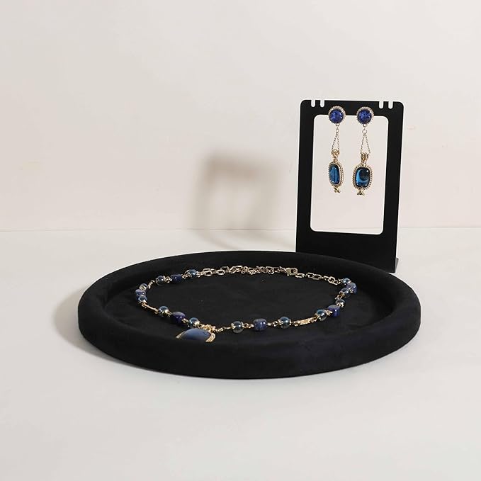 GemeShou Round Jewelry Organizer plate, Top Microfiber velvet Jewerly display tray, Empty Jewelry showcase tray for Necklace Bracelet Ring Earring display stand holder (Black-Large, 9.8 x 9.8 in)