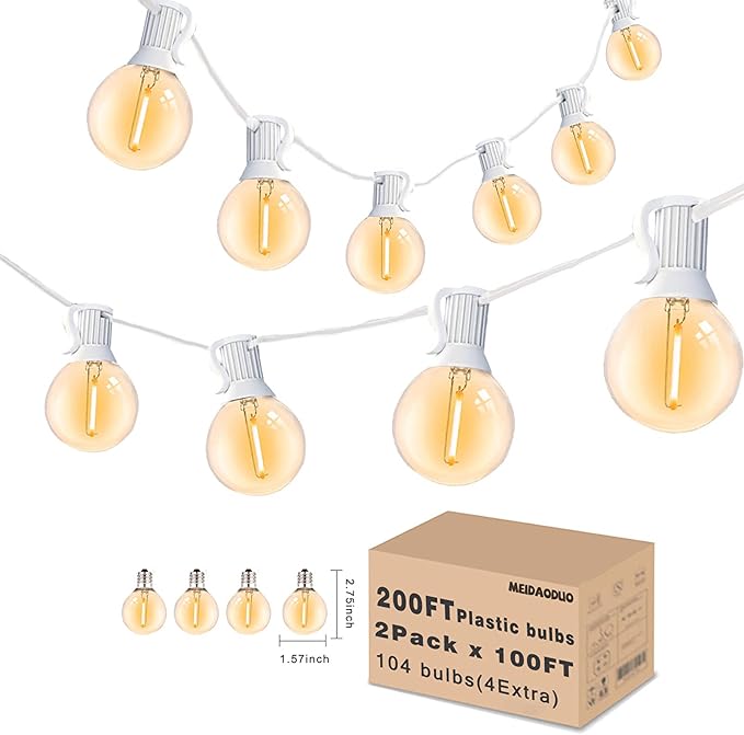 White String Lights Outdoor 200FT Led Globe G40 Patio Lights for Outside with 104 Shatterproof Bulbs Bistro Lights for Wedding Gazebo Pergola, White Wire String Lights 2Pack x 100FT