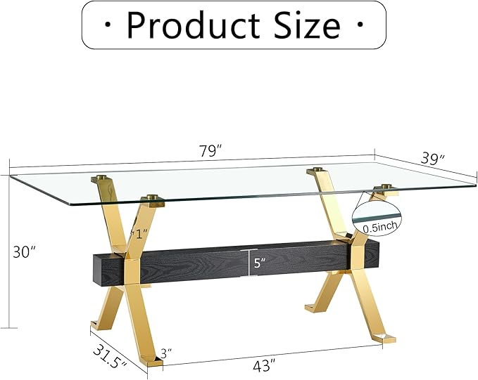 7 Piece Glass Dining Table Set, 79" Modern Dining Table Set for 6, 0.5" Thick Tempered Glass Tabletop with Gold Chrome Metal Legs and Black Crossbar, 6 PU Chairs for Dining Room, Kitchen