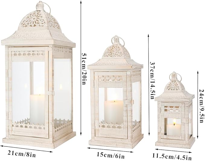 JHY DESIGN 6Pcs Decorative Candle Lanterns 20"&14.5"&9.5" High Vintage Style Hanging Lantern, Metal Candleholder for Indoor Outdoor, Events, Parties and Weddings（Beige with Gold Brush）