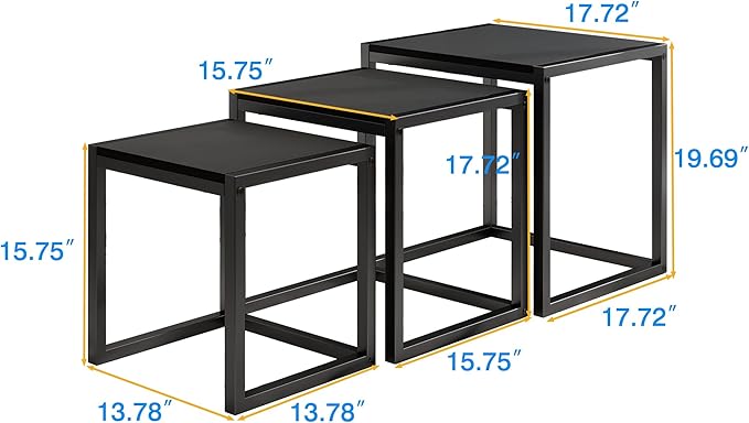 Nesting Table Set of 3 Side Tables, Modern Coffee Table Stacking End Table with Metal Frame，Black