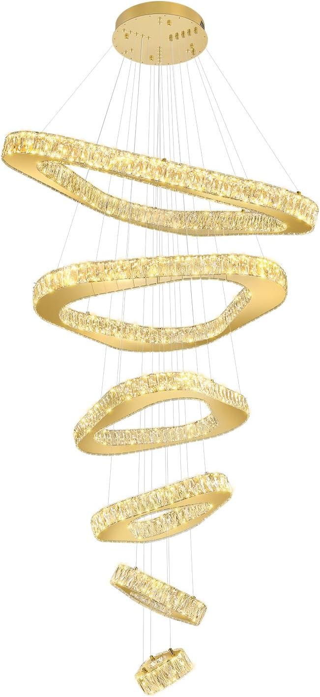 Modern Crystal Chandeliers for High Ceiling 6 Ring Chandelier LED Gold Ceilings Lights Fixtures High Ceiling Chandelier for Foyer Staircase Living Room Dining Room 2700K-6000K