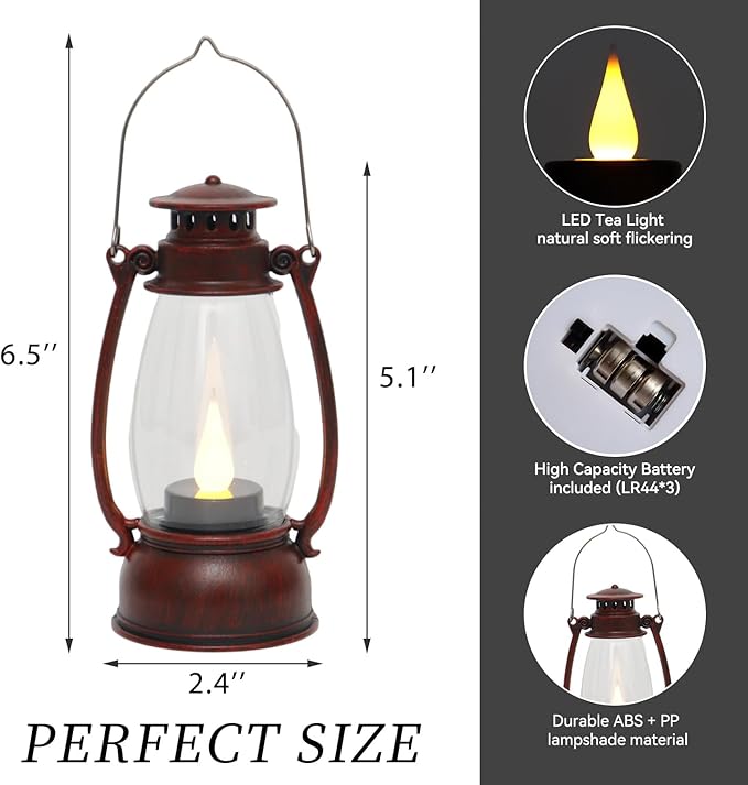 Red Painted Mini Lanterns 6-Pack - LED Flickering Candle Lanterns for Christmas & New Year, Valentine's, Wedding, Halloween & Western Party Decor, Table Centerpieces & Cowgirl Party Supplies