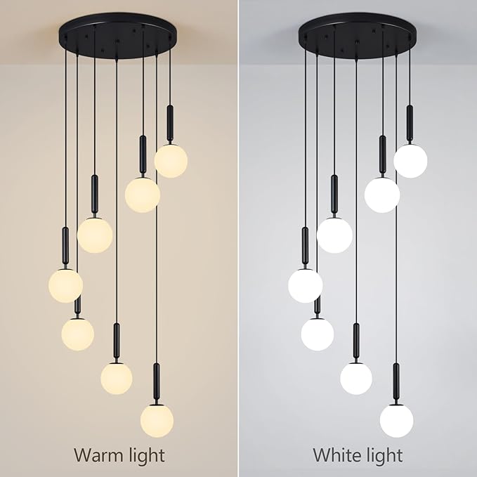 7-Lights Black Chandelier with Milk White Glass Hanging Fixture Light for Kitchen Island Mid Century Modern Globe Pendant Light for Foyer Living Room Entryway Hallway