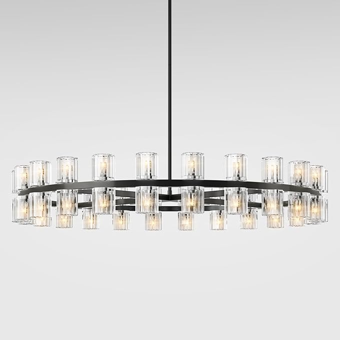 Modern 48 in Black Round Chandelier Light Fixture, Crystal Chandeliers for Dining Room, Living Room, Wagon Wheel Chandelier Over Table Chandeliers for Bedroom,Foyer,Includes 48xG4 Bulbs