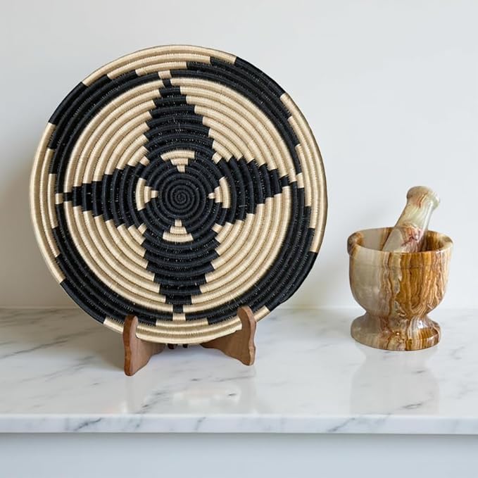 Handwoven African Basket Handmade sisal Fruit Bowl Wall Hanging decorative Baskets for Home Living Room Kitchen Centerpiece Zen Designs Arts and Crafts (Floral Tan Black, 12in diameter)