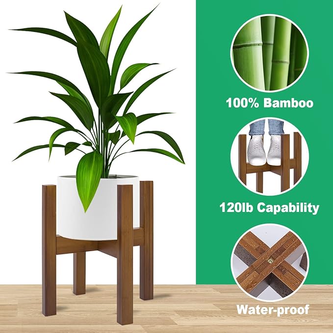 Adjustable Plant Stand Indoor,Bamboo Mid Century Modern Plants Stands, Stable Plant Holder,Fit 8 9 10 11 12 inch Pots (Pot & Plant Not Included)