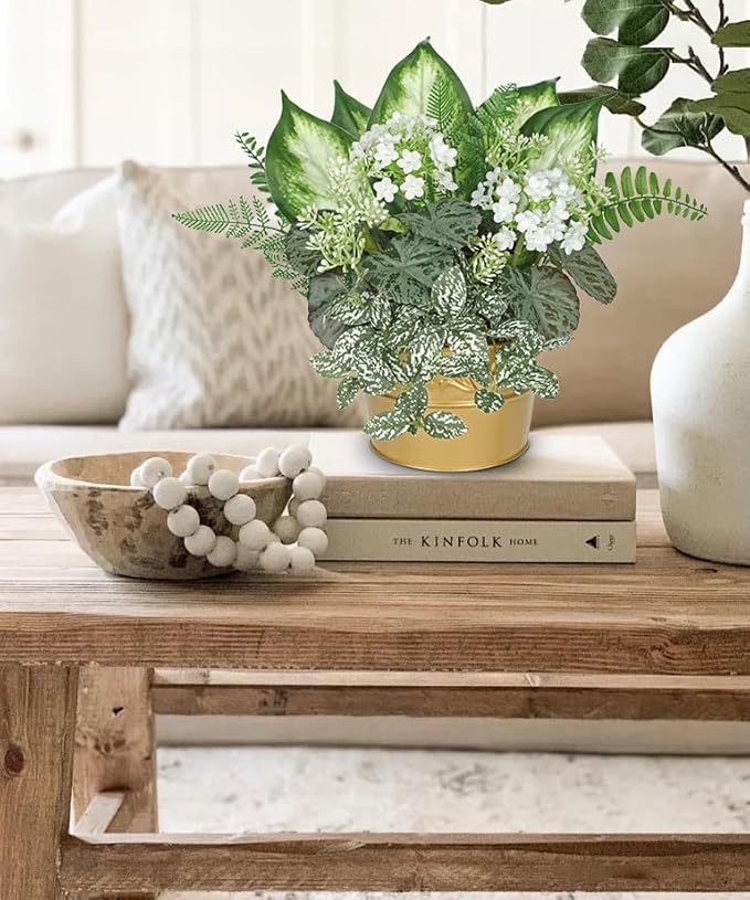 Fake Plants 11.8" Artificial Potted Plant Assorted Faux Plants in Gold Pot Silk Plants Artificial Plants Indoor for Home Living Room Bedroom Bathroom Office Table Centerpieces Shelf Greenery Decor