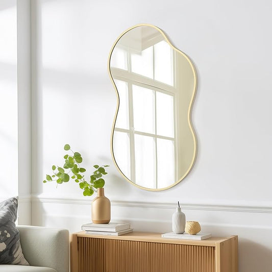 WallBeyond Gold Irregular Wall Mirror, Modern Asymmetrical Mirror Aluminum Frame for Bedroom, Bathroom, Living Room, and Entryway 36" H x 20" W (Gold)