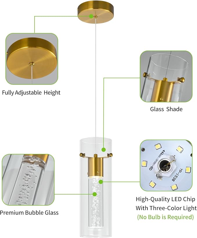 Pendant Ceiling Light Fixture for Kitchen Island, Gold Pendant Light Integrated LED Hanging Light with Crystal Bubble Glass Pendant Light Modern Pendant Lights Kitchen Island (1-Pack)
