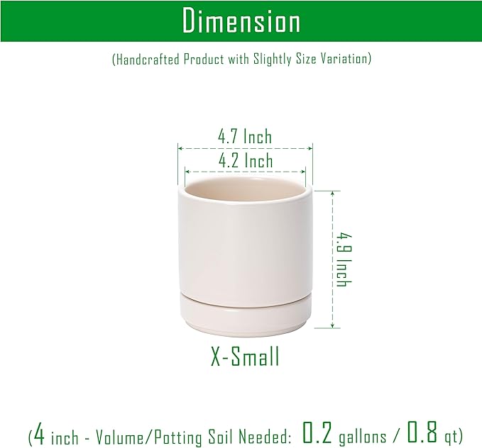 D'vine Dev Set of 4 Small Ceramic Plant Pots, 4.7 Inch Succulent Planter Pot for Plants with Drainage Hole and Saucer, Oatmeal, 94-X-B-8