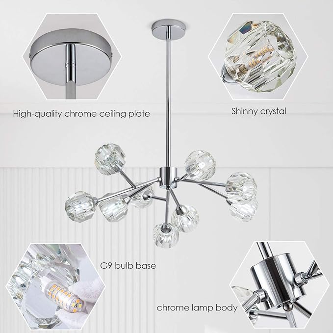 Sputnik Chandeliers for Dining Room Light Fixture Over Table, Modern Crystal Chandeliers, 9 Lights Chrome Lighting Fixtures for Living Room Bedroom Kitchen Island Bar