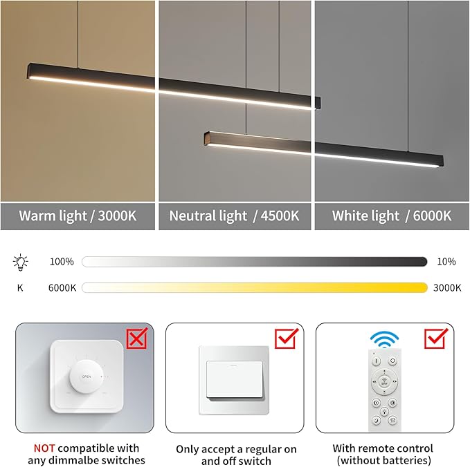 Linear Pendant Light Fixtures, LED Island Lights with Remote, Modern Pendant Light for Kitchen Island Dining Room Billiard Room Office Bar, 3000k-6000k Dimmable