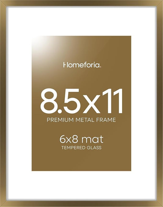 Homeforia 8.5x11 Picture Frame Bronze, High End Metal Brass Frame 8.5 x 11 with Mat 6 by 8 Photo, 11x8.5 Frames Matted to 6x8 Print, 8.5by11 Wall or Tabletop Frames, Tempered Glass, Wall Kit, Set of 1