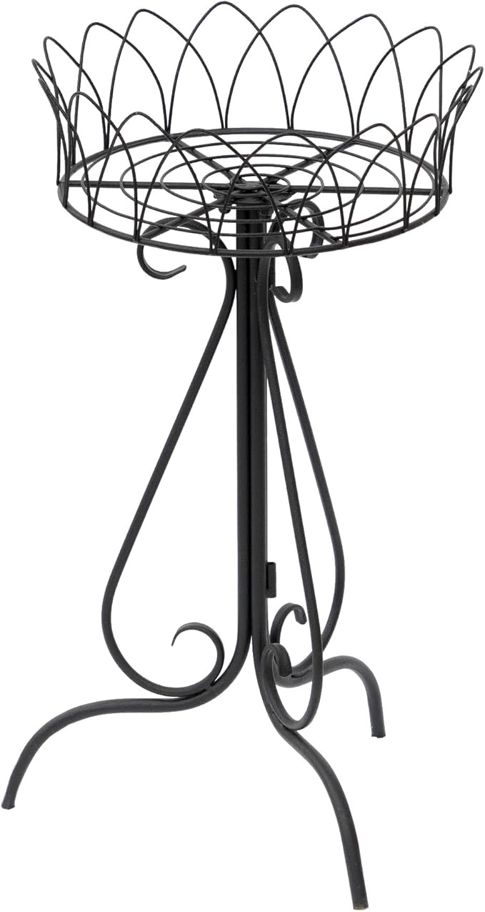 Black Round Low Plant Stand Single Pot Holder, Antique French Pedestal with Cutout Patterns, Compact Garden Decor for Cactus Ferns Plant Holder