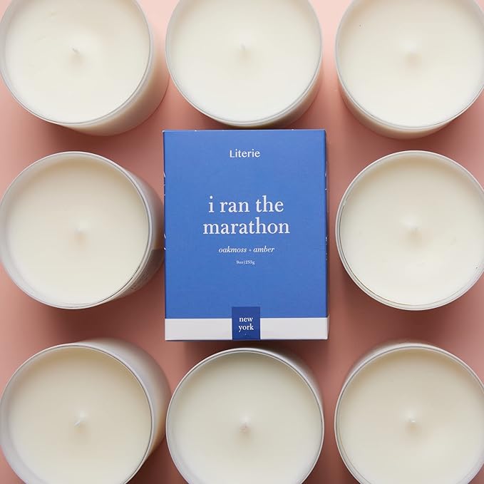 Literie NYC Inspired Scented Candle: I Ran The Marathon - Oakmoss & Amber Scent, 9oz, 50 Hour Burn, Vegan Soy & Coconut Blend Candle for Home Decor, Gift for Women & Men