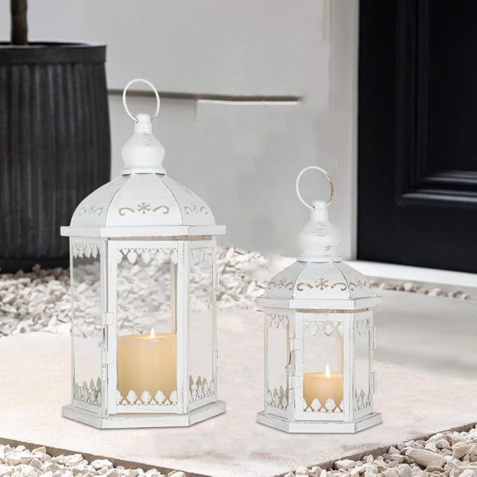 Lanterns Decorative Outdoor&Indoor, Set of 2 (15"&11") White Metal Lantern Decor with Glass, Candle Holder for Porch, Patio, Garden, Balcony, Wedding, Table Centerpiece