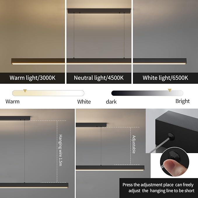 57" LED Linear Pendant Light Fixtures, 25W Dimmable Pool Table Light with Remote, Modern Island Lights for Kitchen Dining Room Living Room Office Bar, 3000k-6000k, Black