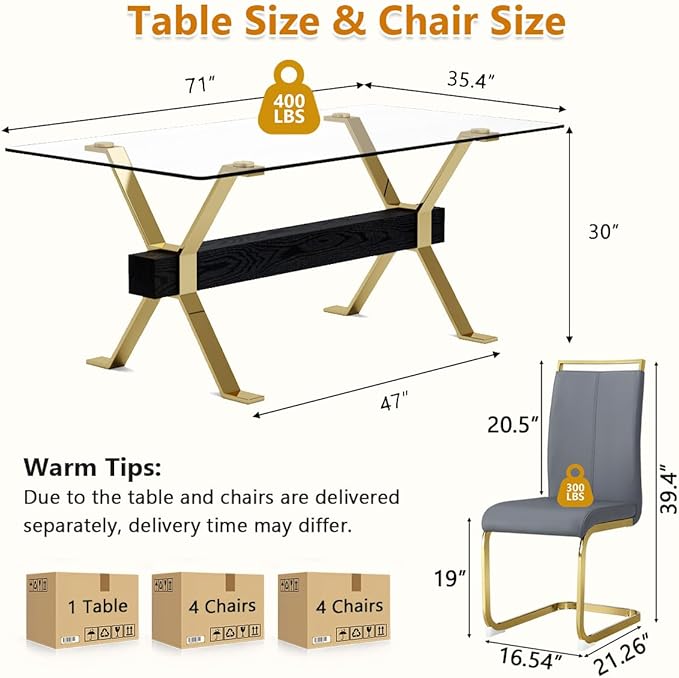 9 Piece Glass Dining Table Set, Kitchen Table Chairs Set for 8, 71'' Dining Table with 0.4" Tempered Glass Tabletop with Plated Metal Legs and MDF Crossbar, 8 PU Chairs for Dining Room, Kitchen.