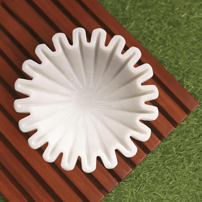 SWADESHI BLESSINGS HandCrafted Marble Ruffle Bowl/Antique Scallop Bowl/Fruit Bowl/Vintage Ring Dish/Decorative Flower Dish/HouseWarming Gift/Wedding Gifts/Urli (7 Inches)
