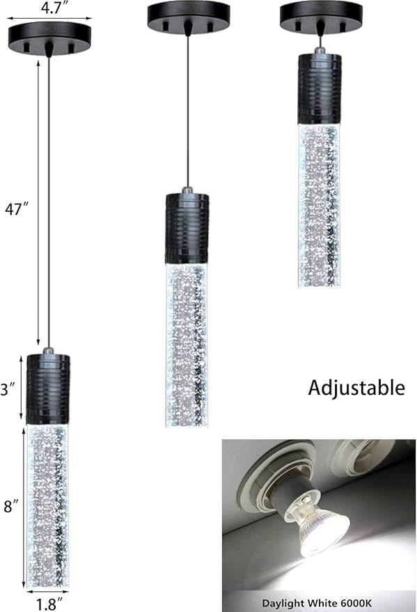 Modern Kitchen Island Hanging Light Fixtures Crytstal Pendant Lighting for Kitchen Island Black Mini Chandelier with 6000K Daylight Bulb