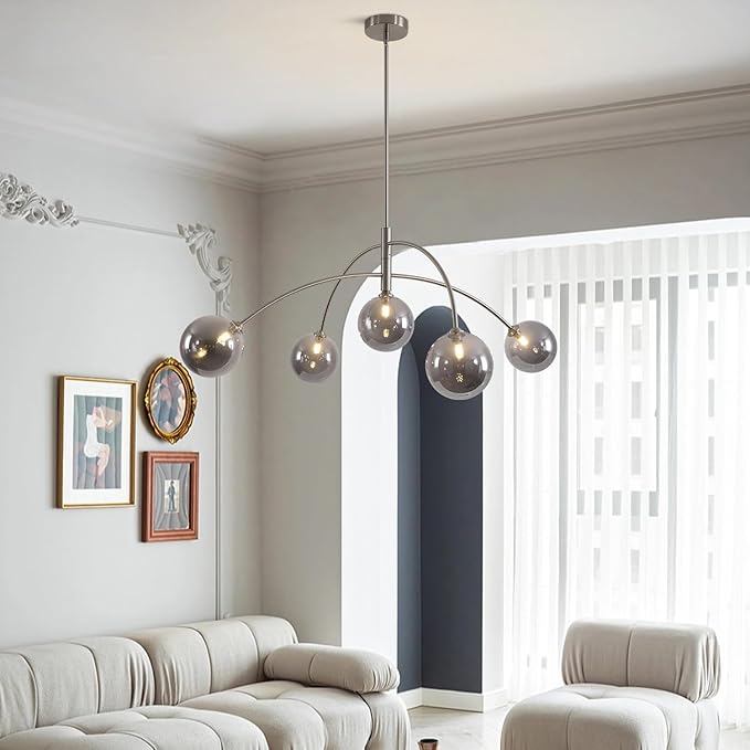 Modern Silver Chandelier 5 Light Smoke Gray Semi Flush Mount Chandelier Vintage Industrial Ceiling Light for Dining Room Kitchen Bedroom Hallway