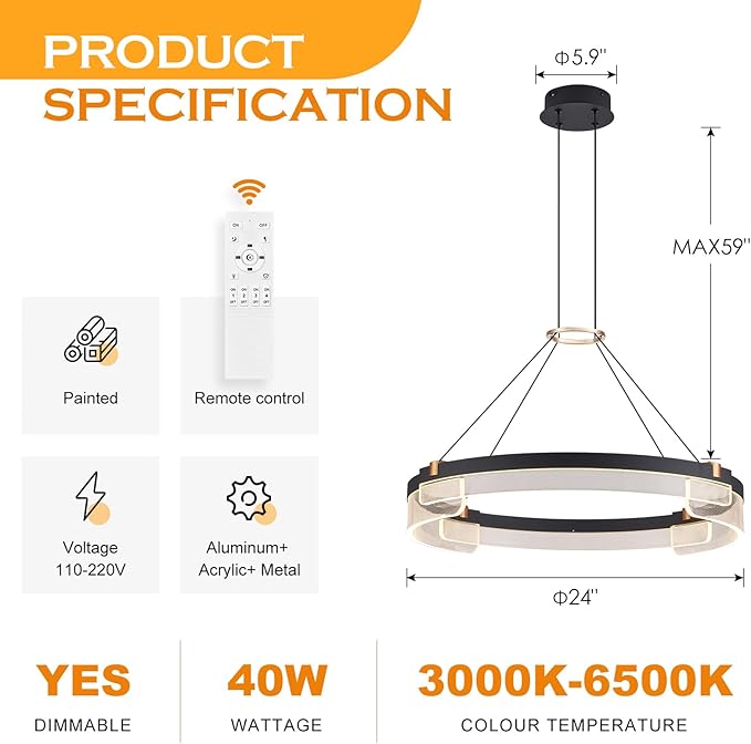 Modern LED Pendant Light Dimmable Black LED Chandelier for Dining Room Pendant Light Fixture Over Table Modern Chandelier Kitchen Island Living Room Entryway, 24 inch 3000K-6500K