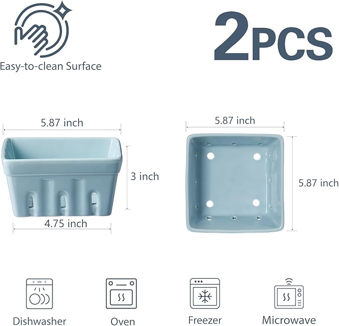 ONEMORE Berry Basket Ceramic Berry Bowls with Holes Square Fruit Bowl Berry Colander Containers for Fridge - 5.8" Fruit Basket for Kitchen Décor, Set of 2, Blue