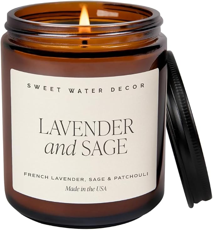 Sweet Water Decor Lavender and Sage Soy Candle - French Lavender, Sage, Patchouli Scented Spring Candles for Home - 9oz Amber Jar + Black Lid, 40+ Hour Burn Time, Made in The USA