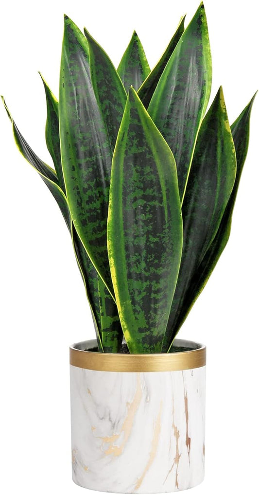 Briful Fake Snake Plant 16" Faux Potted Plant Artificial Snake Plant with White Ceramic Pot Sansevieria Plant Perfect for House Modern Living Room Office Housewarming Gift Indoor Decor