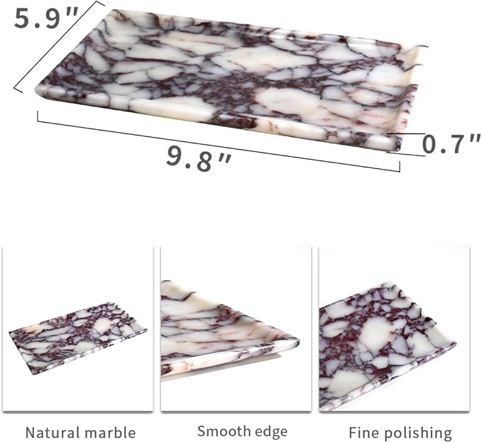 Natural Marble Tray, Coffee Table, Food, Fruit, Paper Cup, Cake Display, Coffee bar, Family Gatherings, Seasonal Holiday Decoration Tray(Viola-rectangle-11 x5 x0.7)