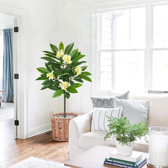 Briful Artificial Plants Indoor 4.17ft Fake Tropical Plumeria Flowers Tree in Black Pot Hawaiian Yellow Plumeria Faux Frangipani Tree Potted Floor Plant for Home Office Wedding Decor
