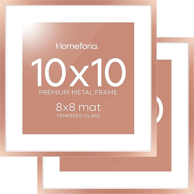 Homeforia 10x10 Picture Frame Rose Gold, High End Metal 10 by 10 Square Frames with Mat 8 x 8 Photo, 10by10 Poster Frame Matted to 8x8 Print, Wall or Tabletop Frame, Tempered Glass, Wall Kit, Set of 2