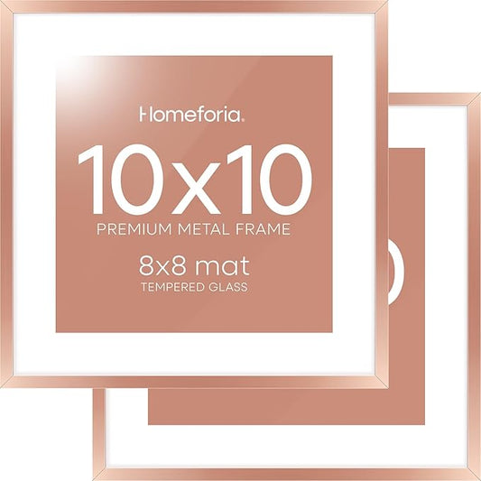 Homeforia 10x10 Picture Frame Rose Gold, High End Metal 10 by 10 Square Frames with Mat 8 x 8 Photo, 10by10 Poster Frame Matted to 8x8 Print, Wall or Tabletop Frame, Tempered Glass, Wall Kit, Set of 2