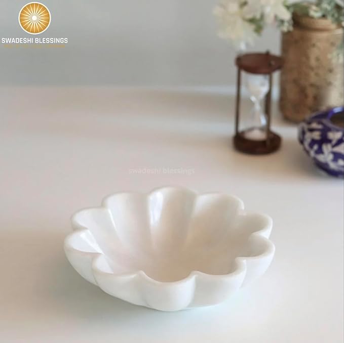 SWADESHI BLESSINGS HandCrafted Marble Decorative Bowl | White Ruffle Scalloped Fluted Key/Fruit Ring Dish | Organic Modern Home Decor (8 Inches)