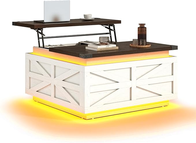 36" Farmhouse LED Lift Top Coffee Table with Storage and Power Outlets, Square Wood Living Room Tables with 2 LED Lights& Large Hidden Space, Lift Wooden Barn Door Center Table, Rustic White